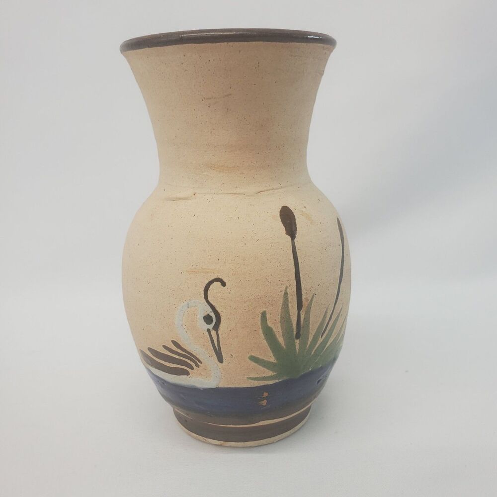 VTG Sandstone Tonala Art Pottery Vases Swan Hand Painted Bird 6.5" Mexico